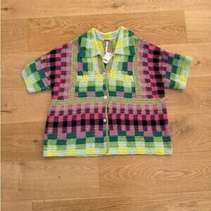 Free People - Seychelles Crochet Button Front Short Sleeve Top Green Pink Purple